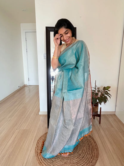 Aqua Blue Linen Tissue Saree