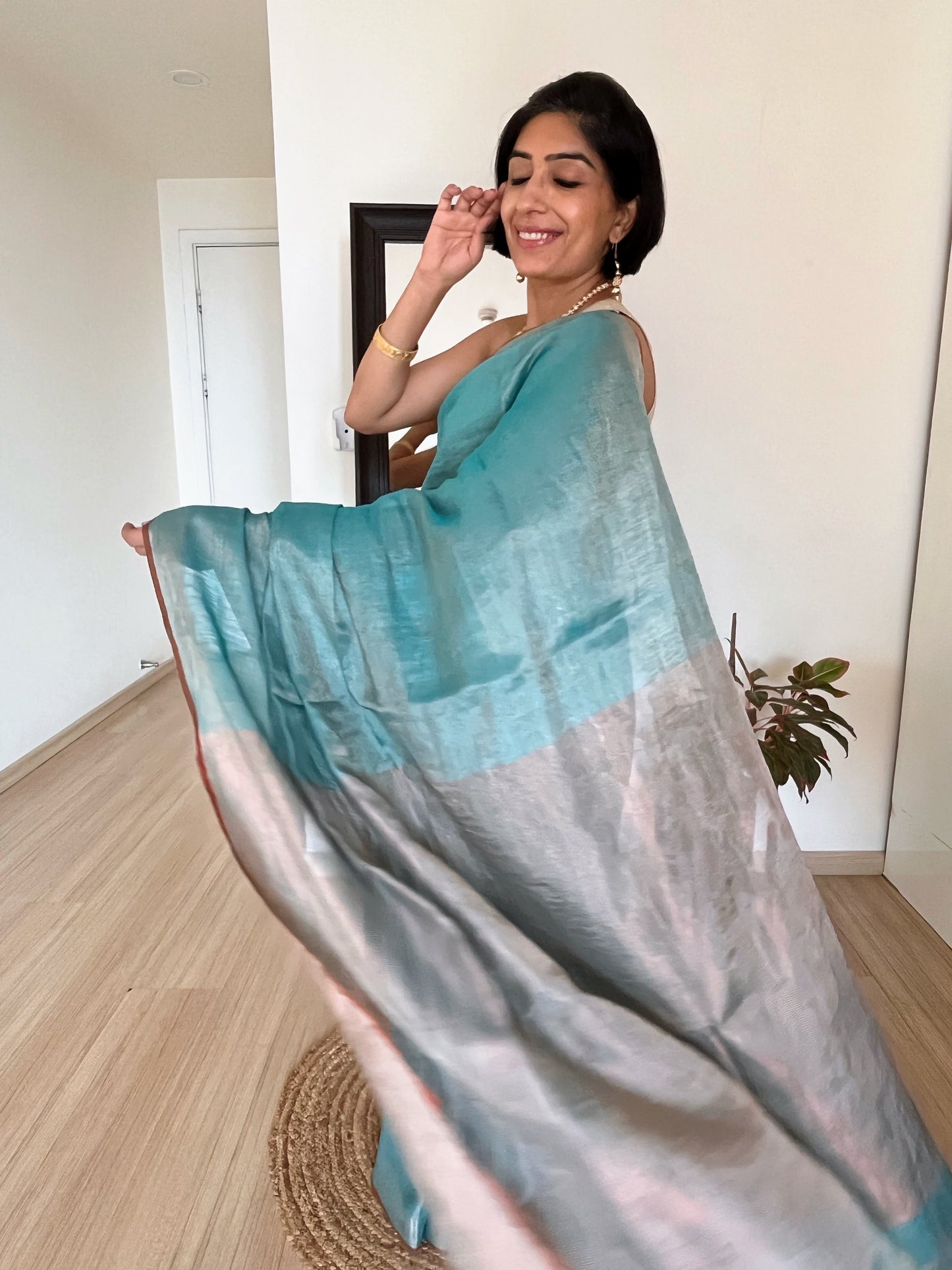 Aqua Blue Linen Tissue Saree