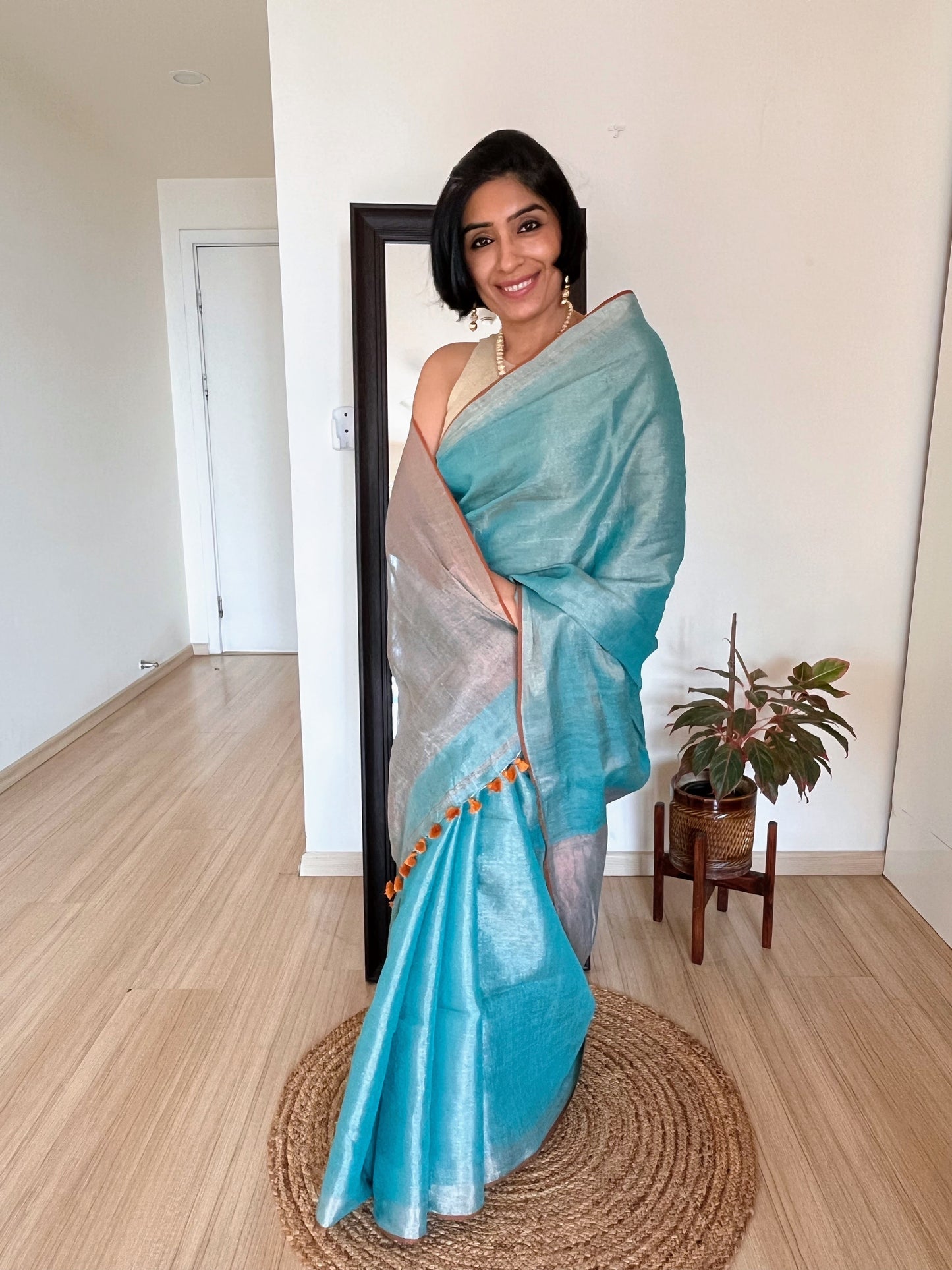 Aqua Blue Linen Tissue Saree