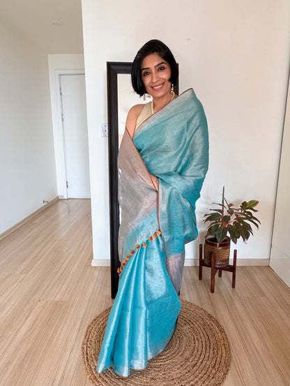 Aqua Blue Linen Tissue Saree