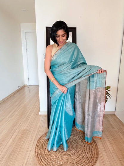 Aqua Blue Linen Tissue Saree