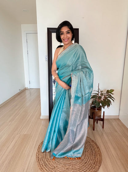 Aqua Blue Linen Tissue Saree
