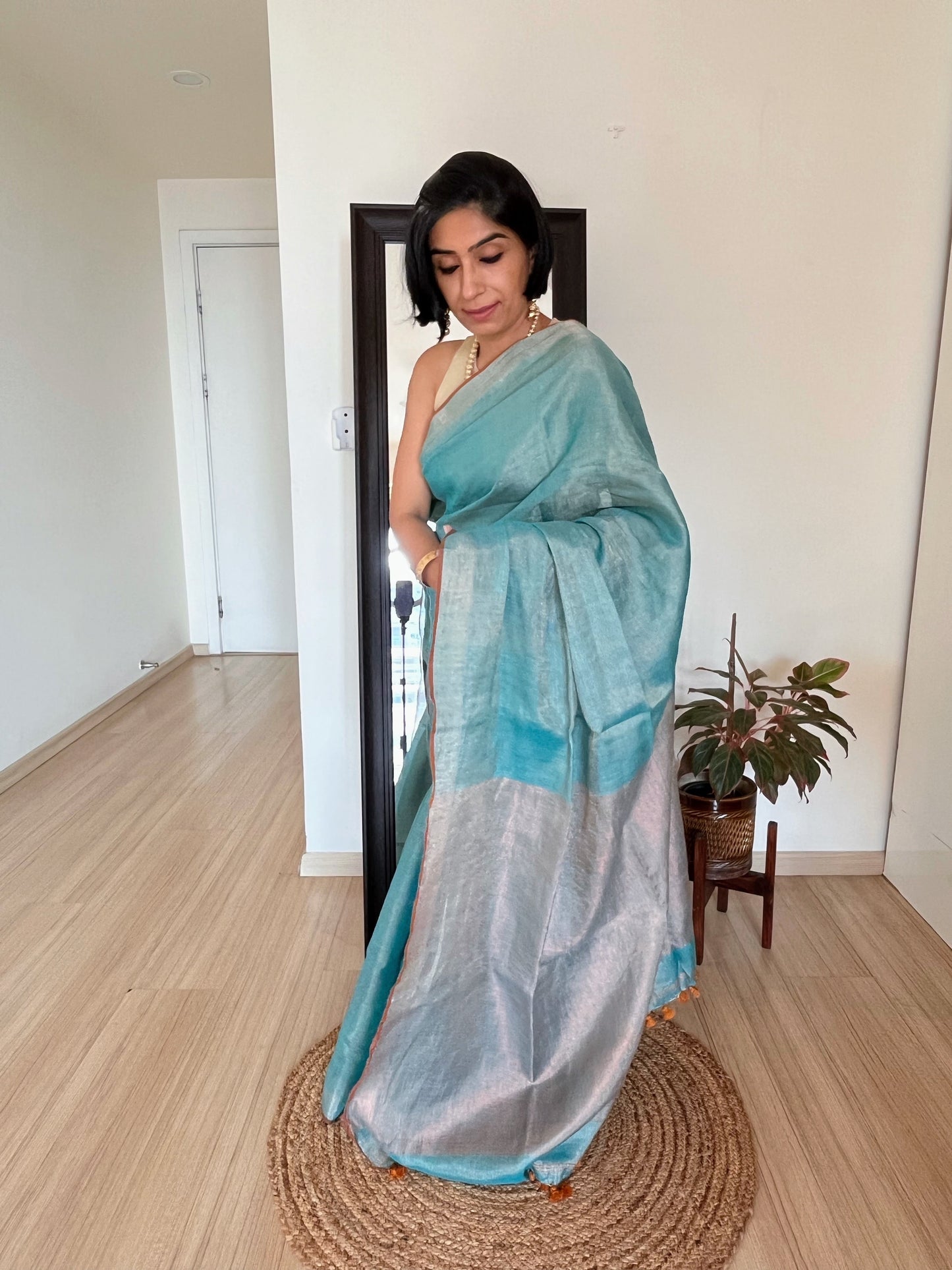 Aqua Blue Linen Tissue Saree