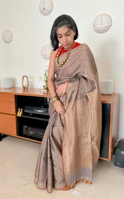 Shimmering Beige Copper Linen Tissue Saree