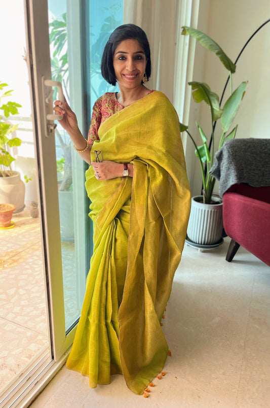 Green and Gold Linen Tissue Saree