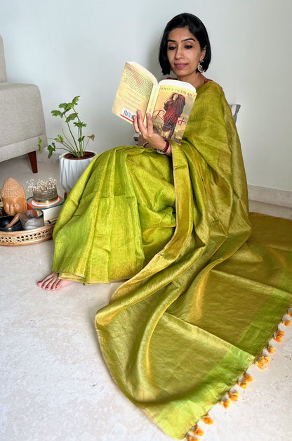 Green and Gold Linen Tissue Saree