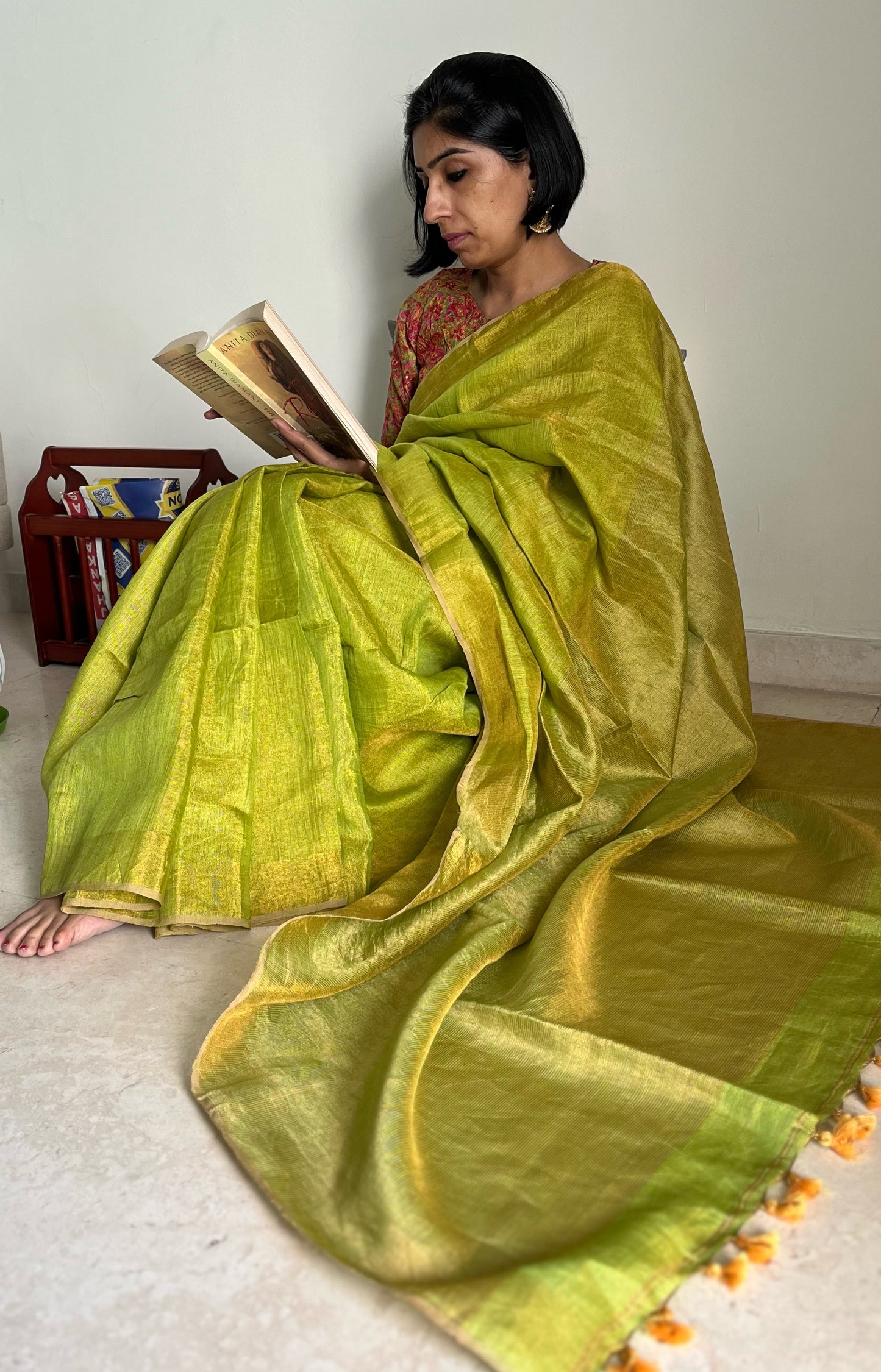 Green and Gold Linen Tissue Saree