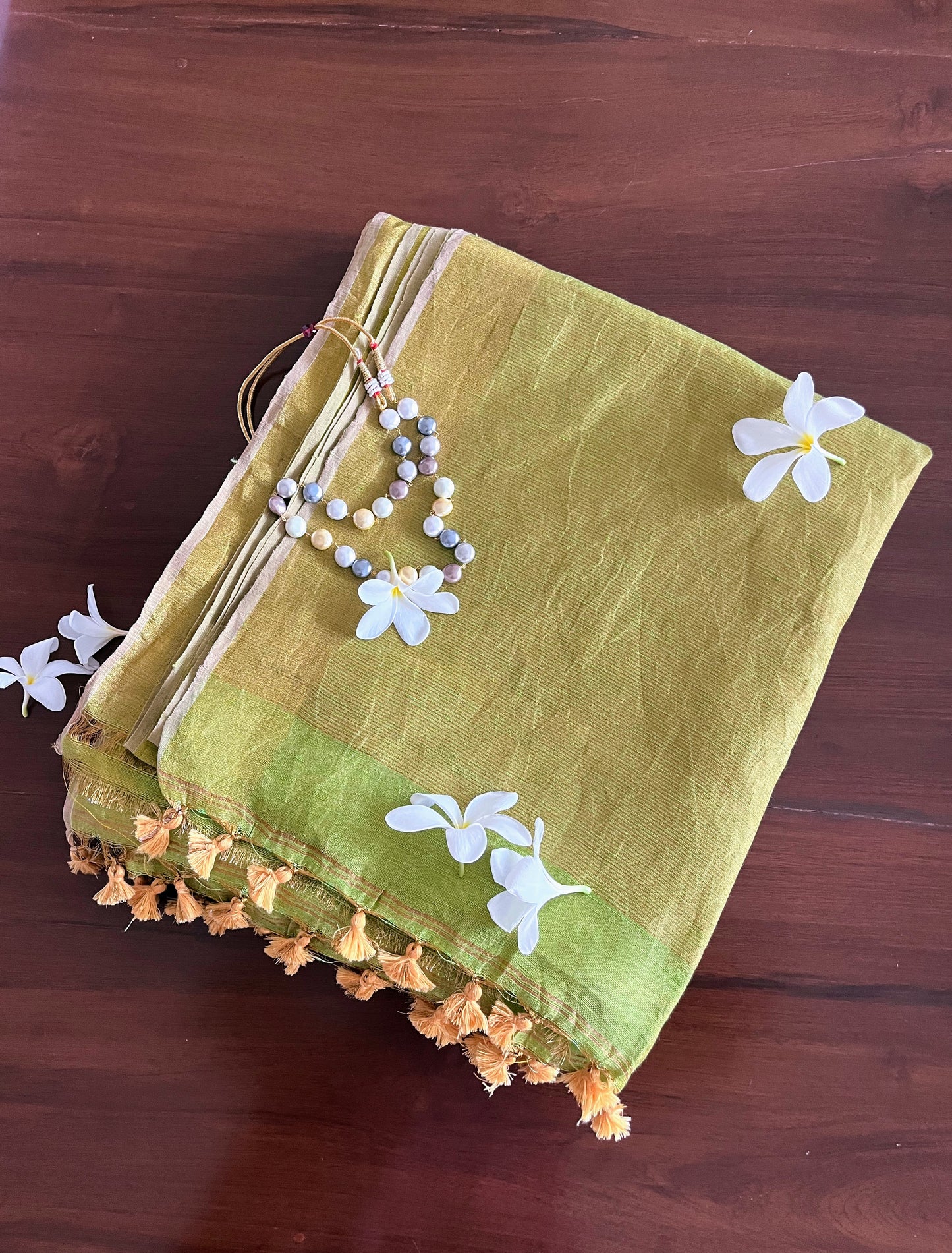 Green and Gold Linen Tissue Saree