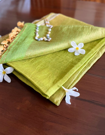 Green and Gold Linen Tissue Saree