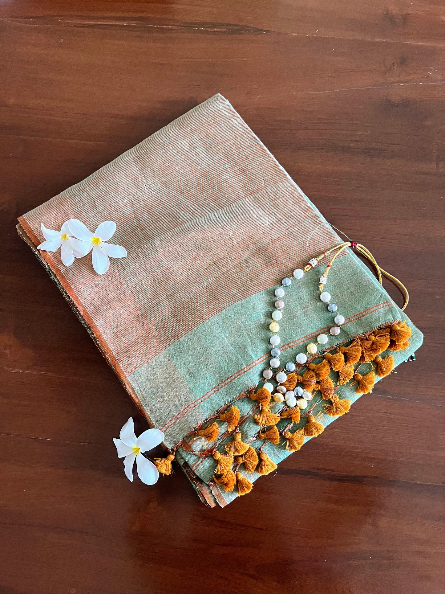 Teal and Bronze Linen Tissue Saree