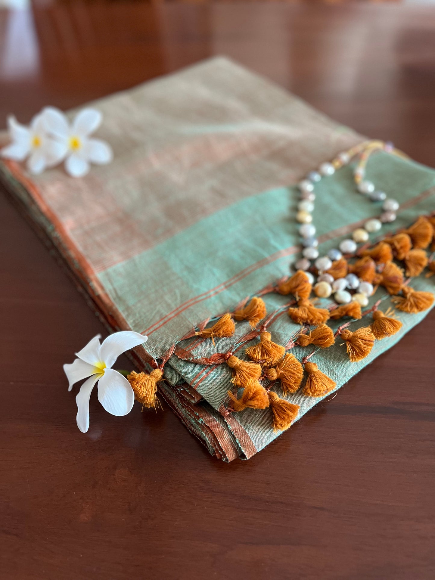 Teal and Bronze Linen Tissue Saree
