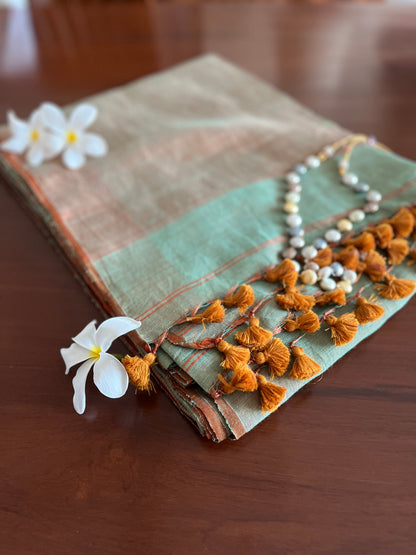 Teal and Bronze Linen Tissue Saree