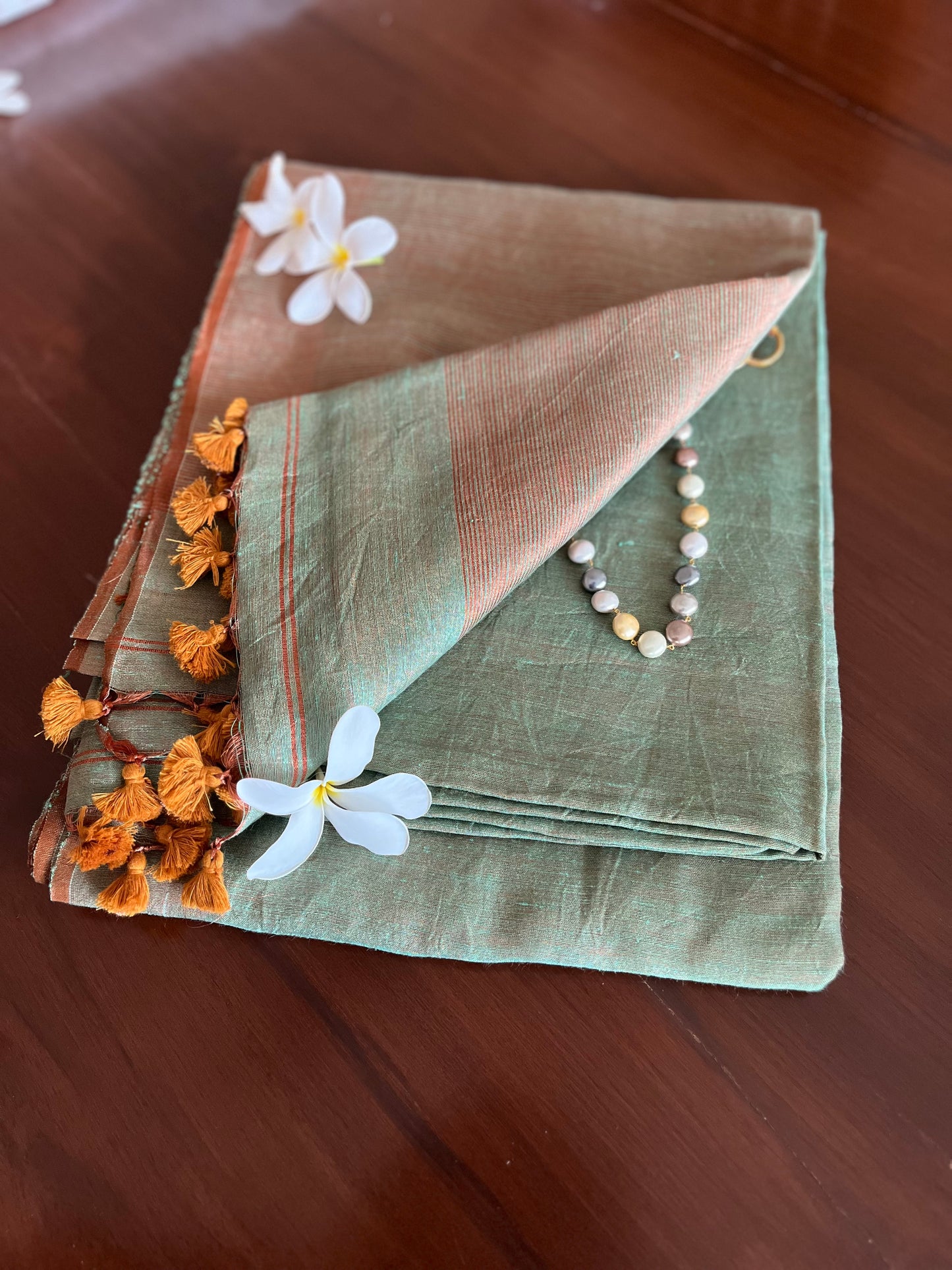 Teal and Bronze Linen Tissue Saree