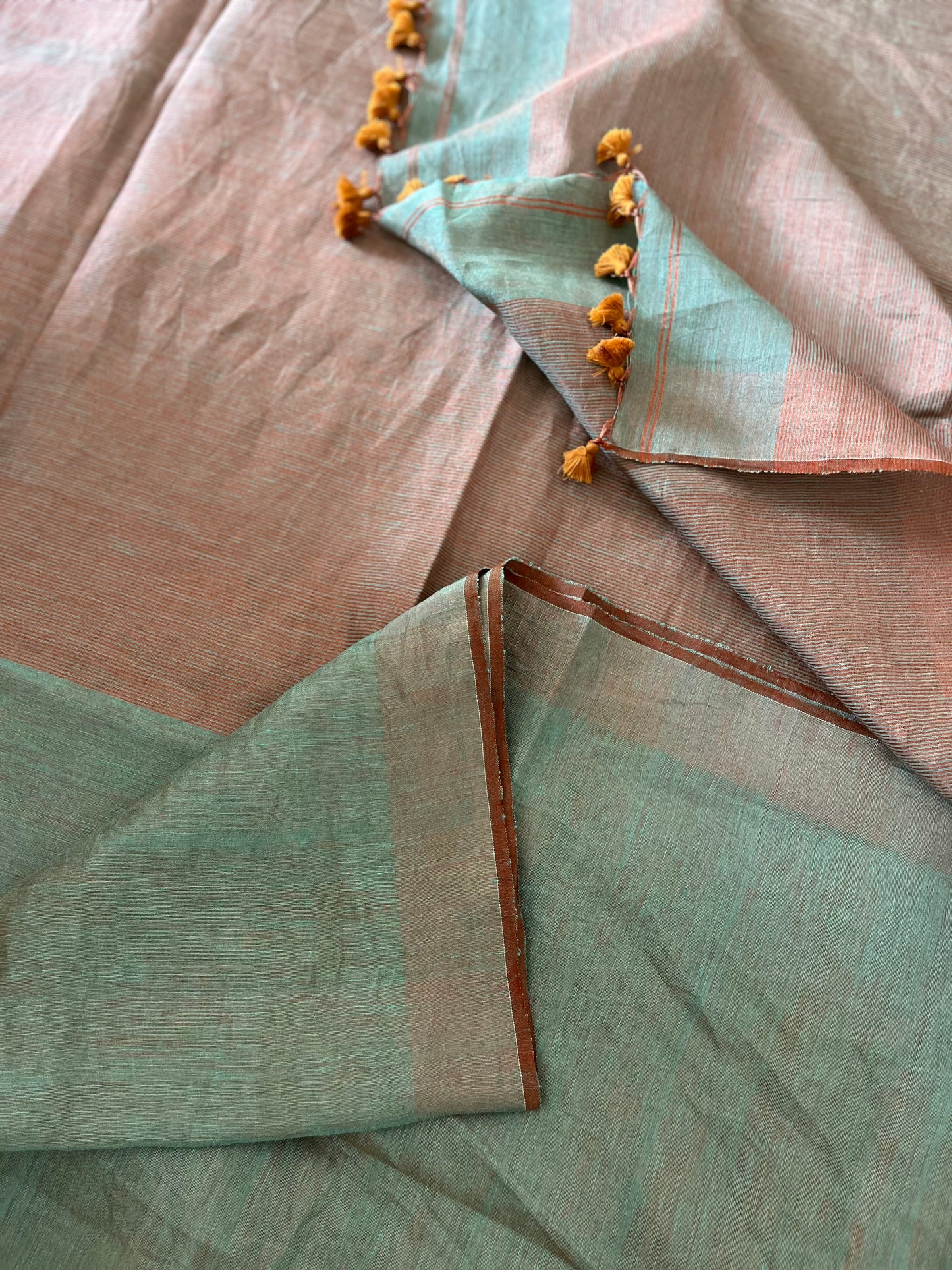 Teal and Bronze Linen Tissue Saree