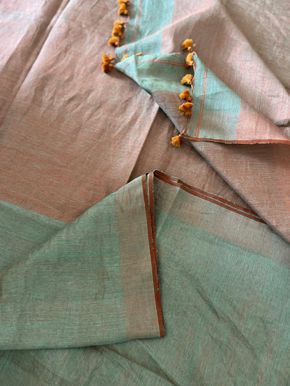 Teal and Bronze Linen Tissue Saree