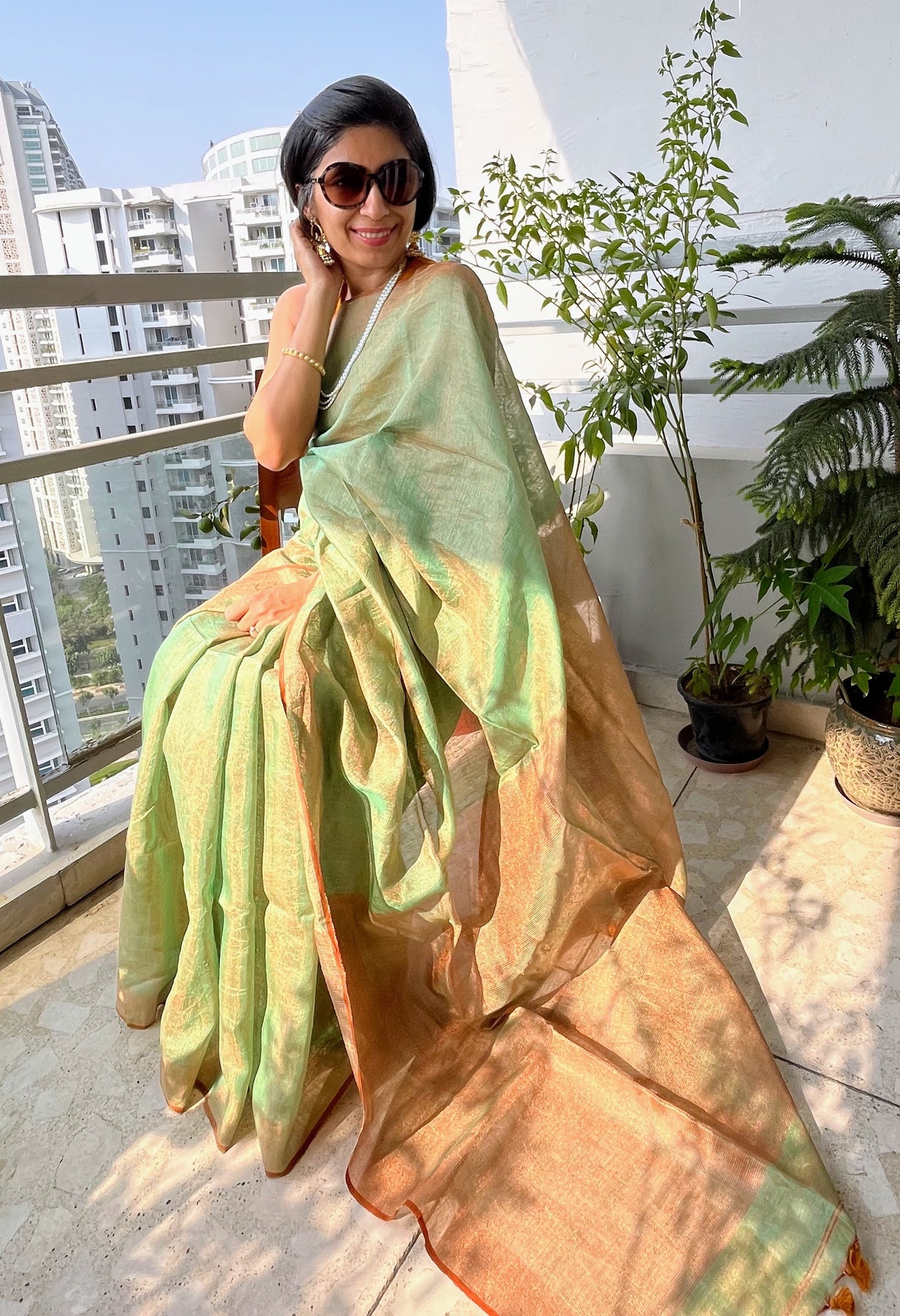 Teal and Bronze Linen Tissue Saree