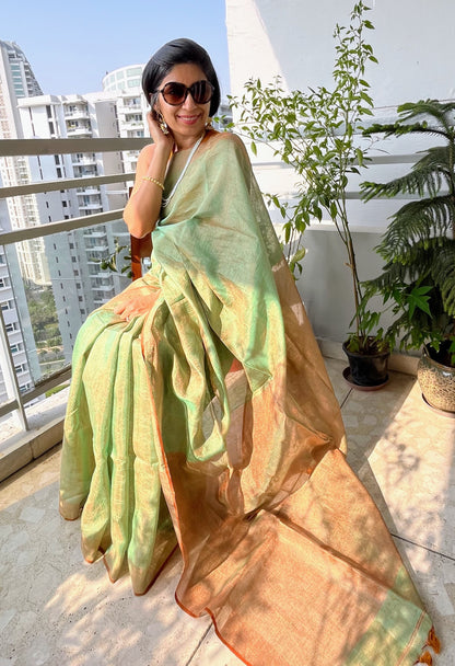 Teal and Bronze Linen Tissue Saree