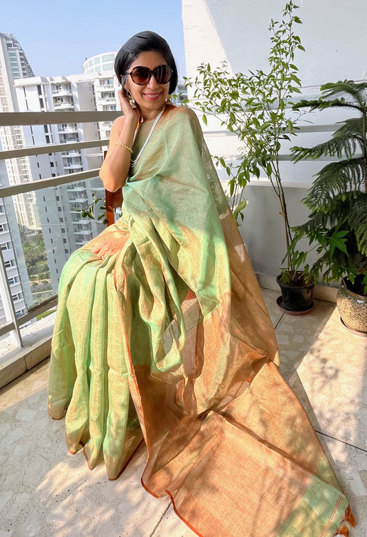 Teal and Bronze Linen Tissue Saree