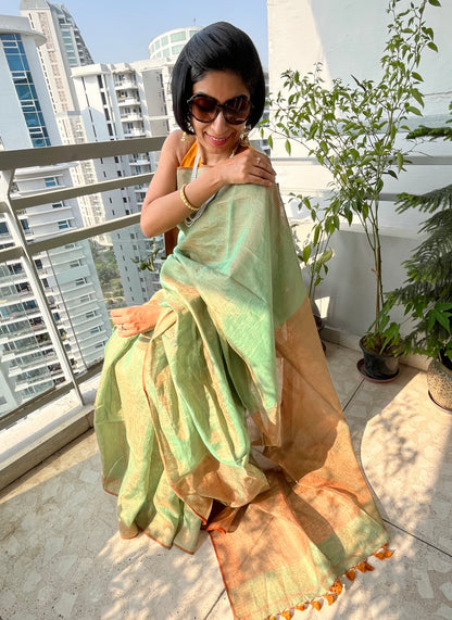 Teal and Bronze Linen Tissue Saree
