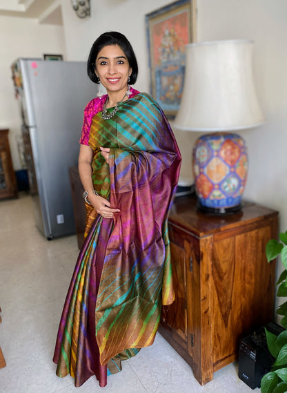 Jaggery Brown Leheriya Saree on Tussar Silk
