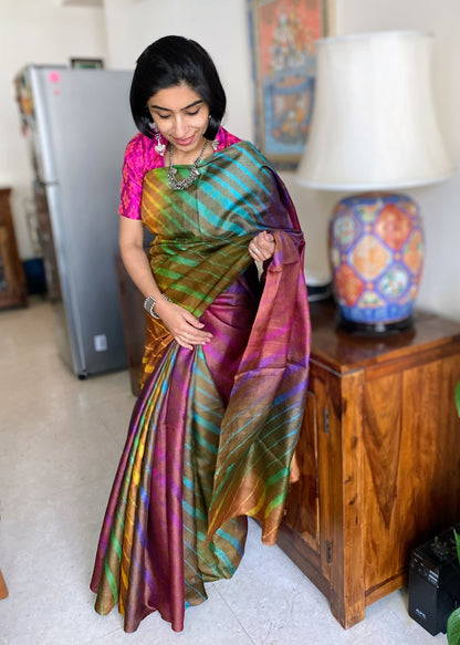 Jaggery Brown Leheriya Saree on Tussar Silk