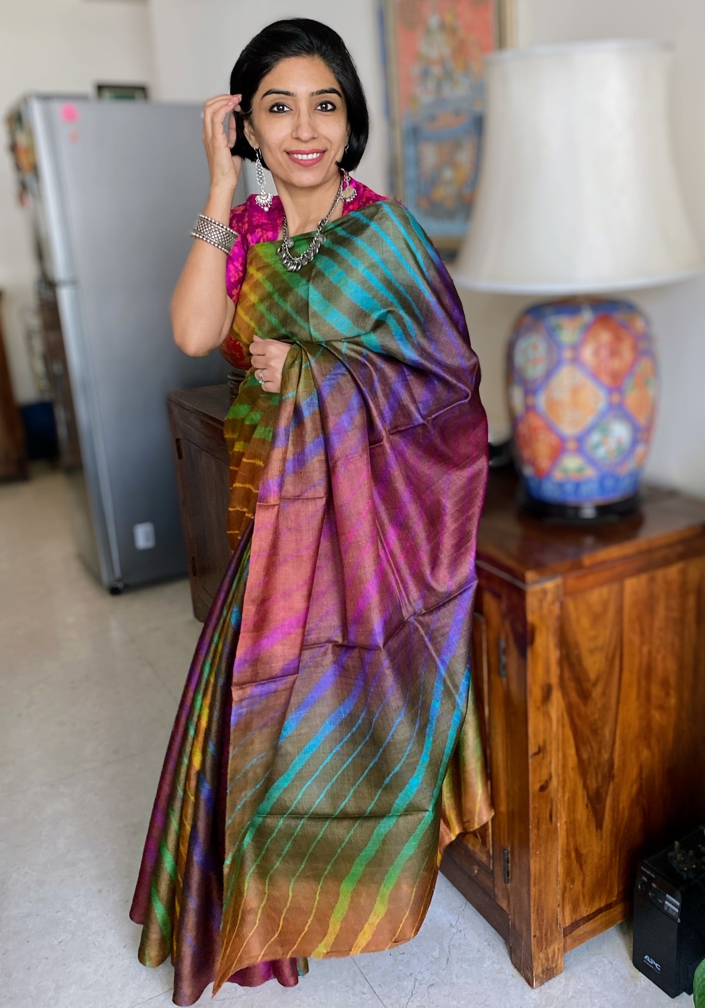 Jaggery Brown Leheriya Saree on Tussar Silk
