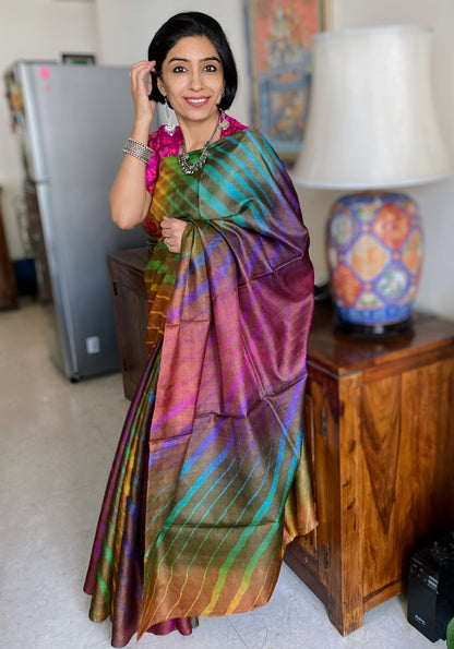 Jaggery Brown Leheriya Saree on Tussar Silk