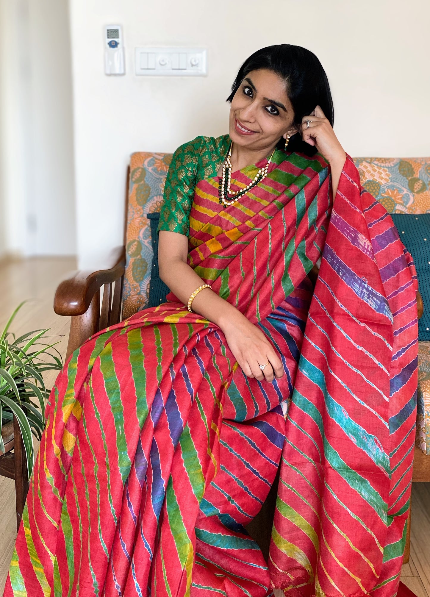 Red Leheriya Saree on Tussar Silk
