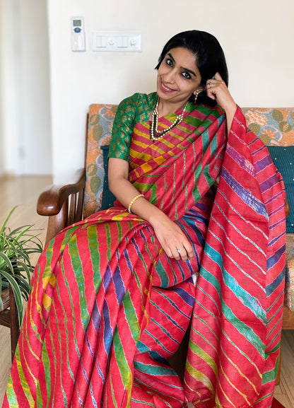 Red Leheriya Saree on Tussar Silk