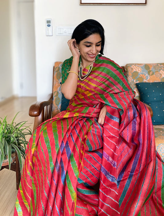 Red Leheriya Saree on Tussar Silk