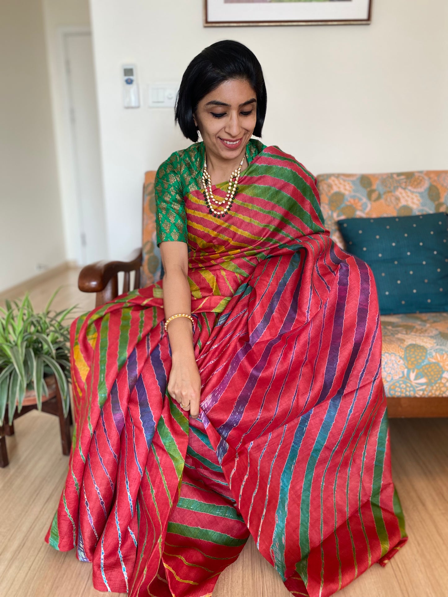 Red Leheriya Saree on Tussar Silk