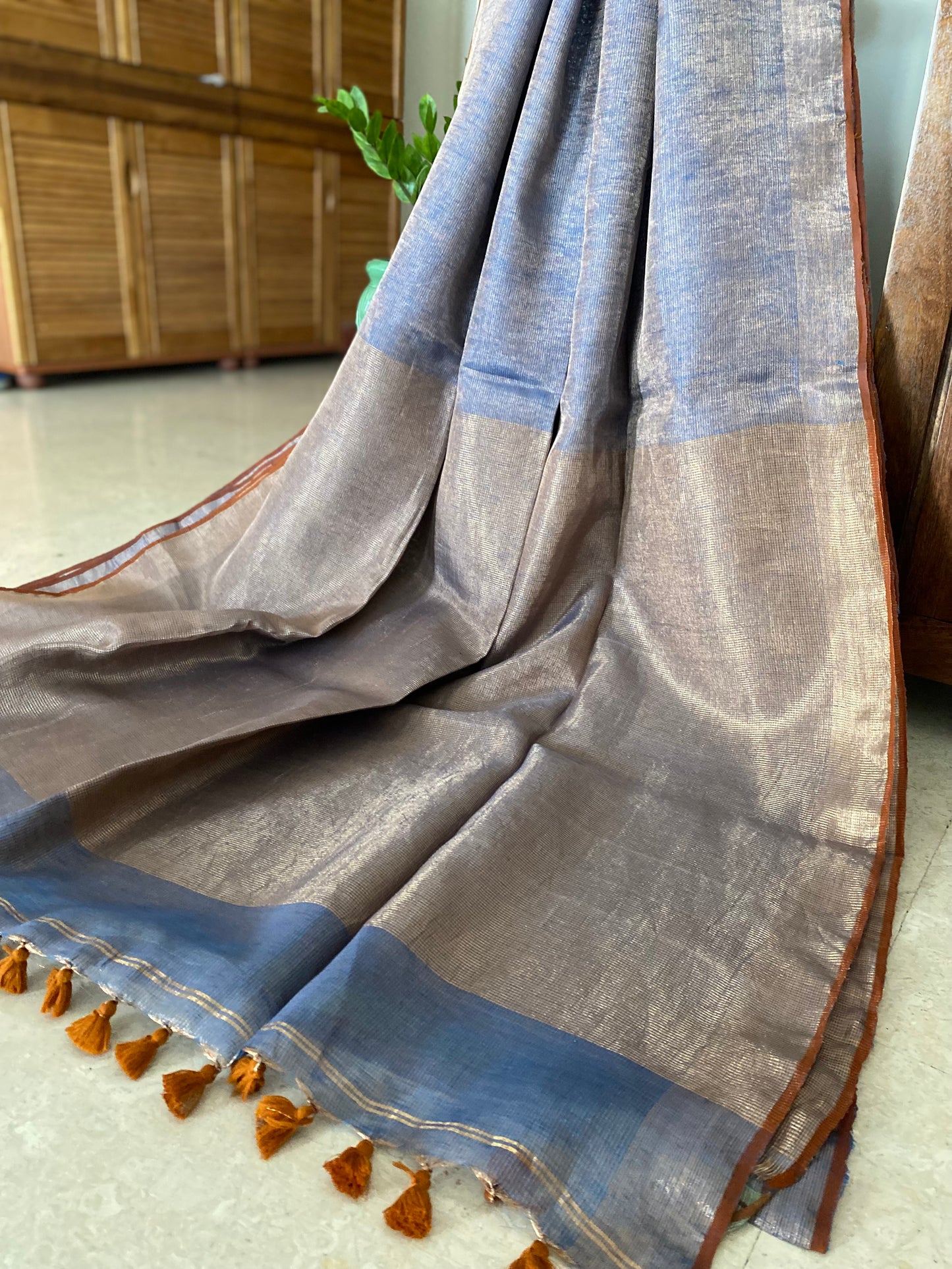 Shimmering Blue Silver Linen Tissue Saree