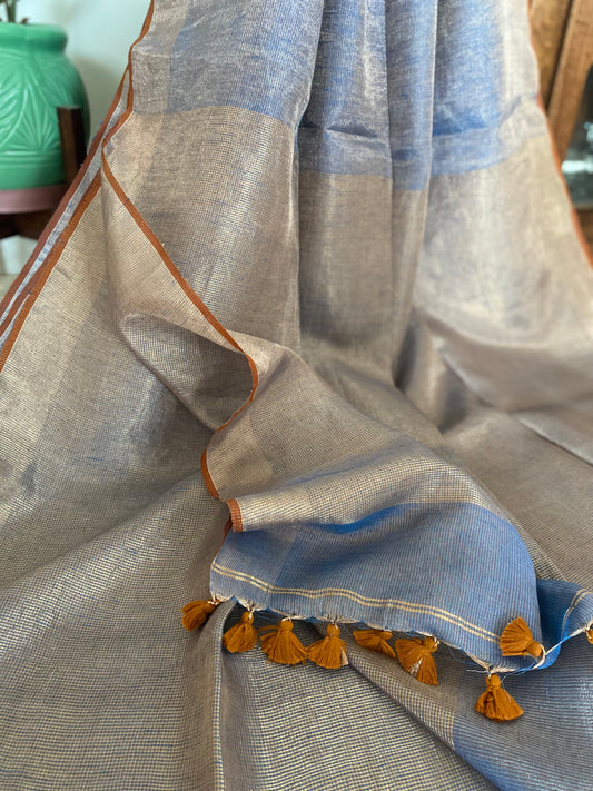 Shimmering Blue Silver Linen Tissue Saree