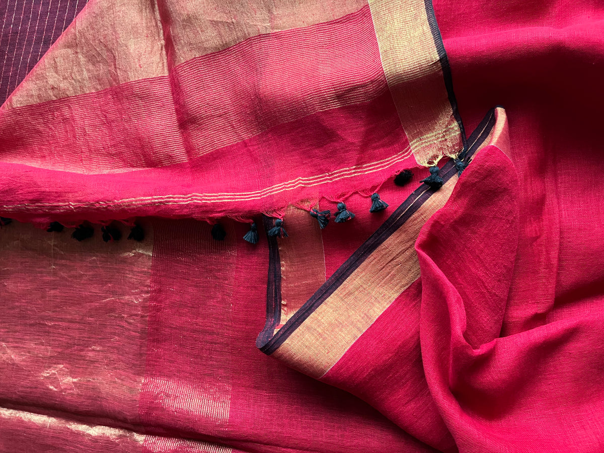 Chilli Red and Black Linen Saree