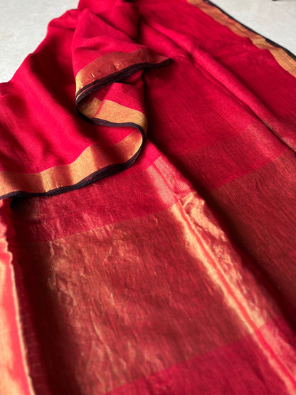 Chilli Red and Black Linen Saree