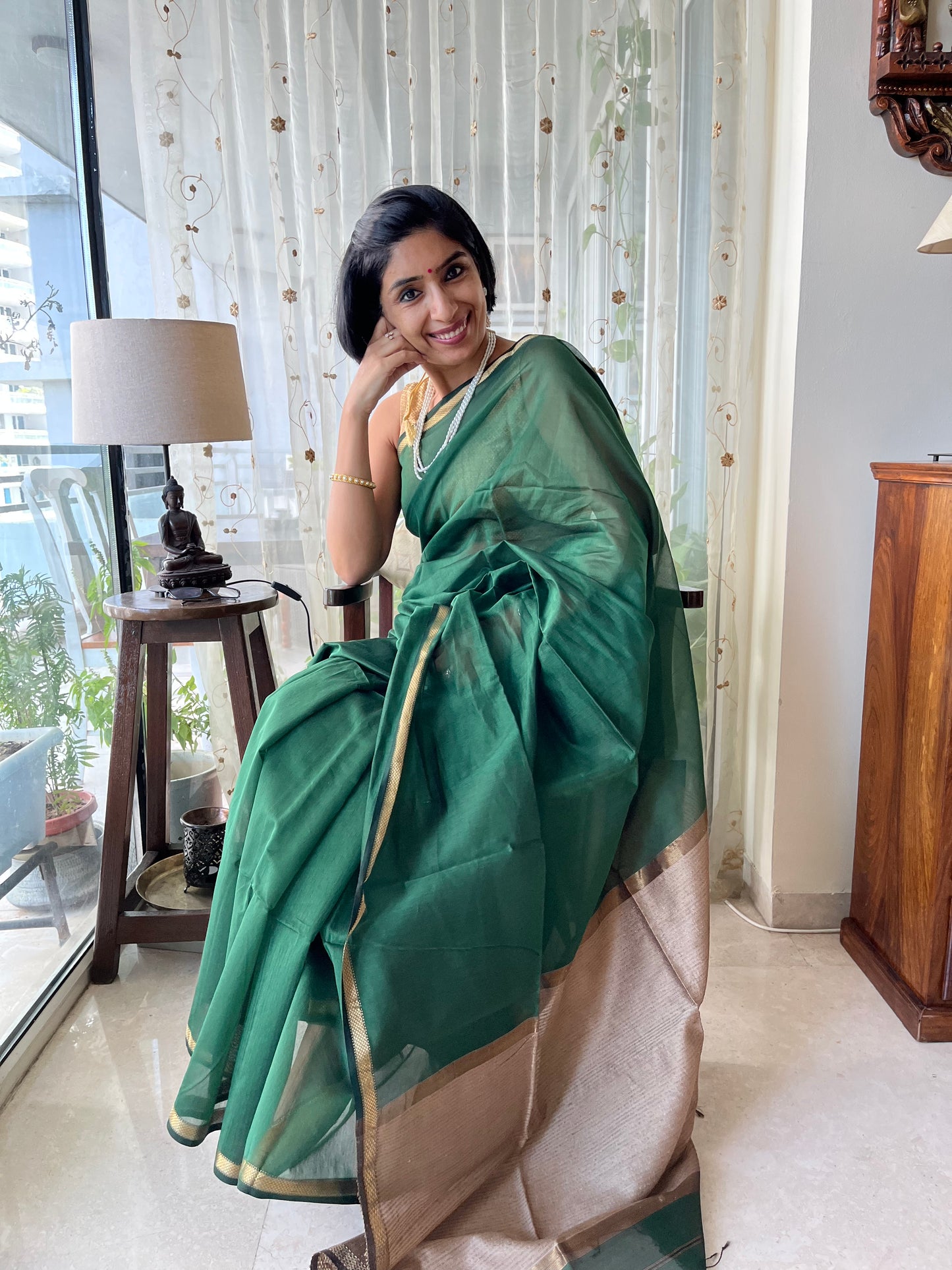 Bottle Green Thin Border Maheshwari Saree