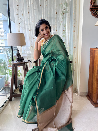 Bottle Green Thin Border Maheshwari Saree