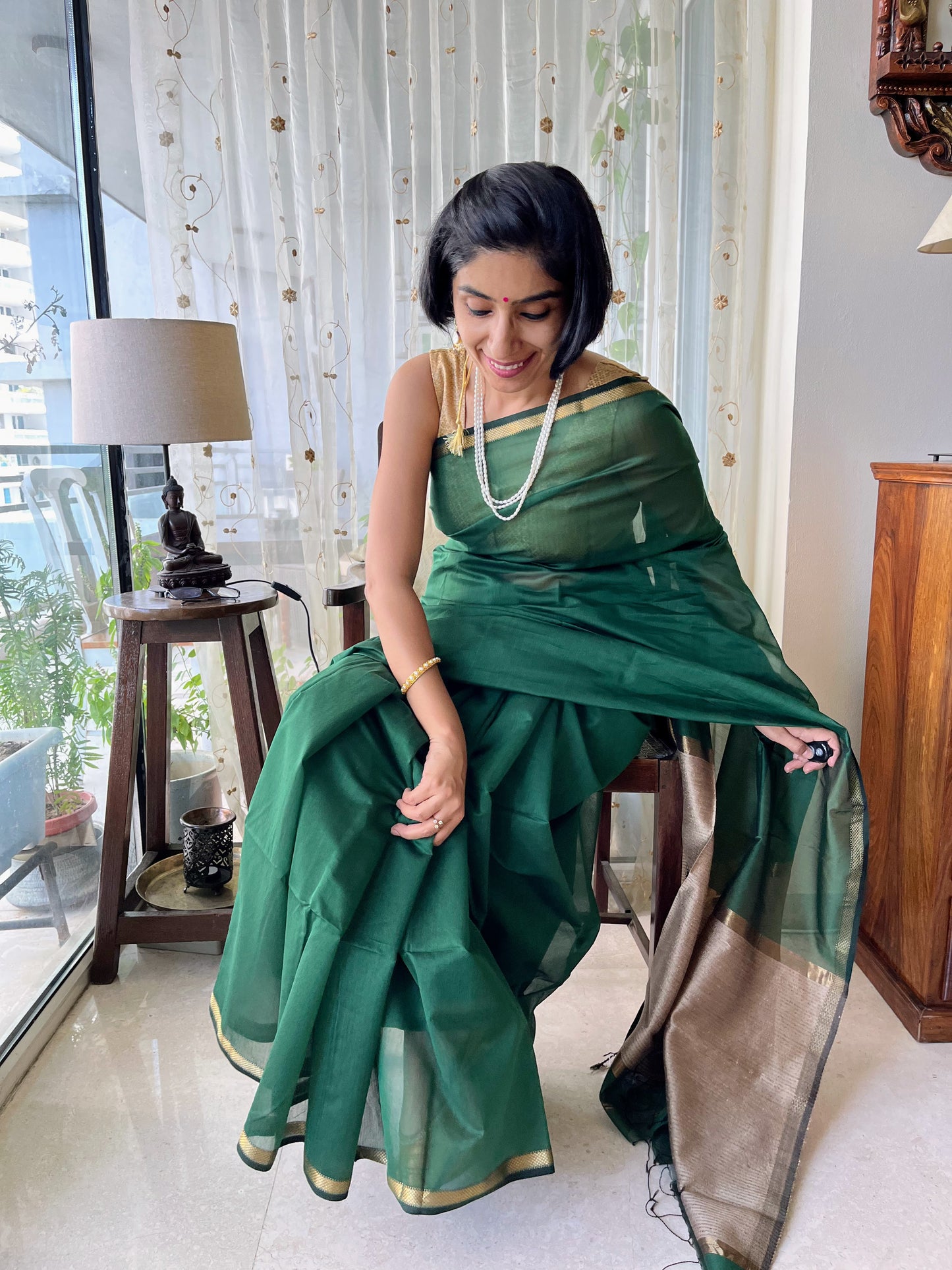Bottle Green Thin Border Maheshwari Saree