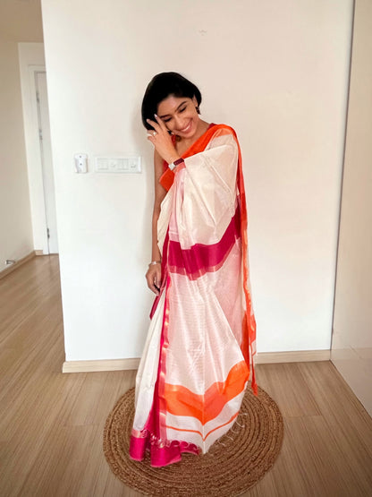 White Maheshwari Saree with Ganga Jamuna Resham Borders