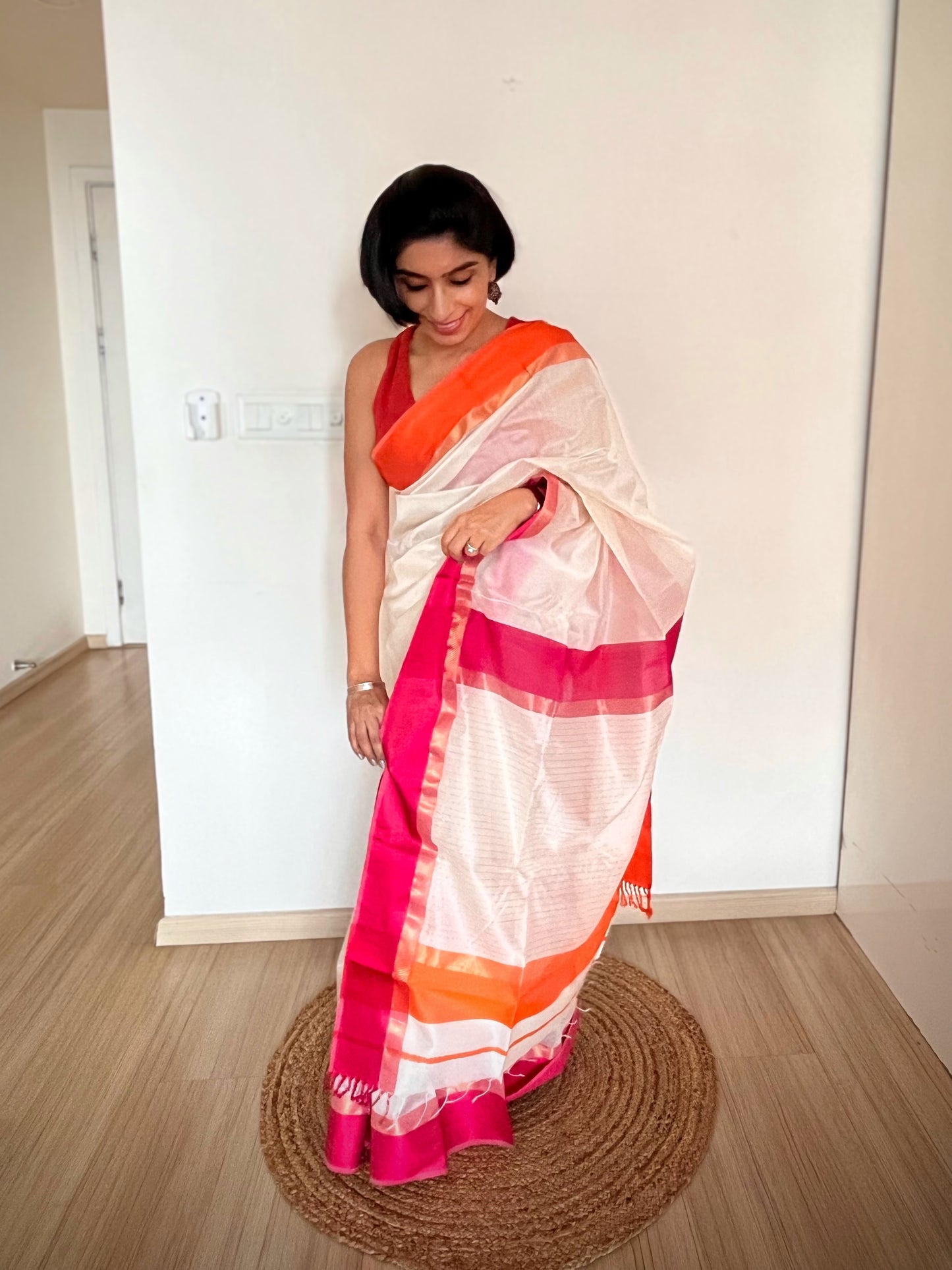White Maheshwari Saree with Ganga Jamuna Resham Borders