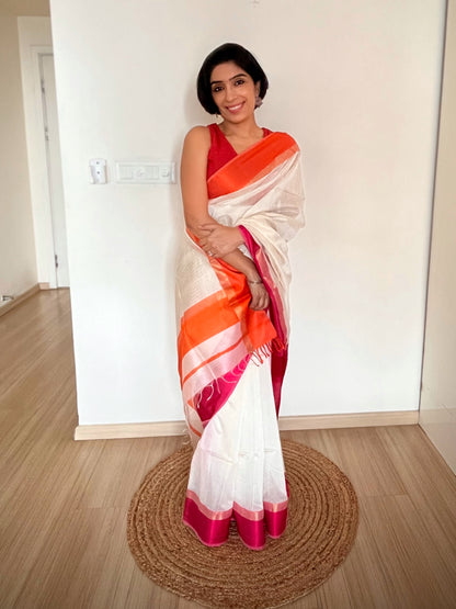 White Maheshwari Saree with Ganga Jamuna Resham Borders