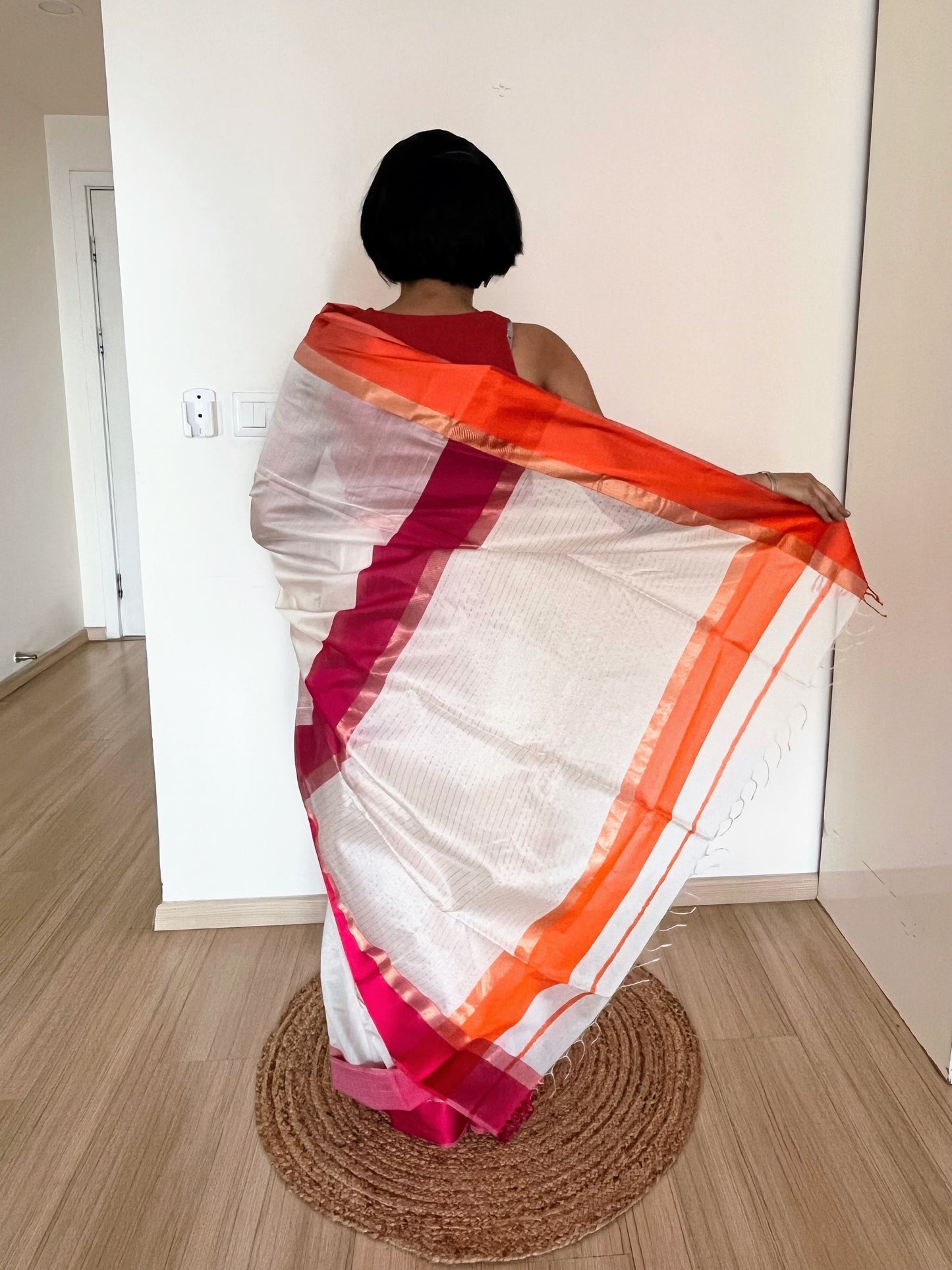 White Maheshwari Saree with Ganga Jamuna Resham Borders