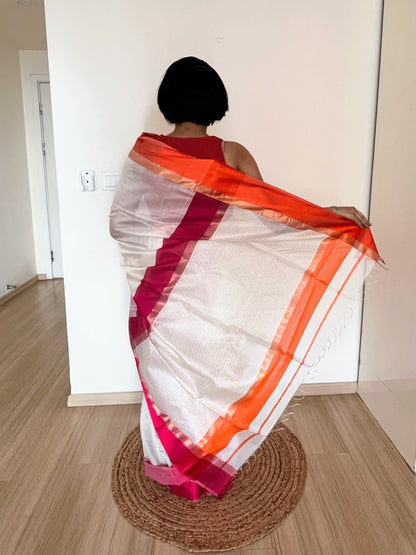 White Maheshwari Saree with Ganga Jamuna Resham Borders