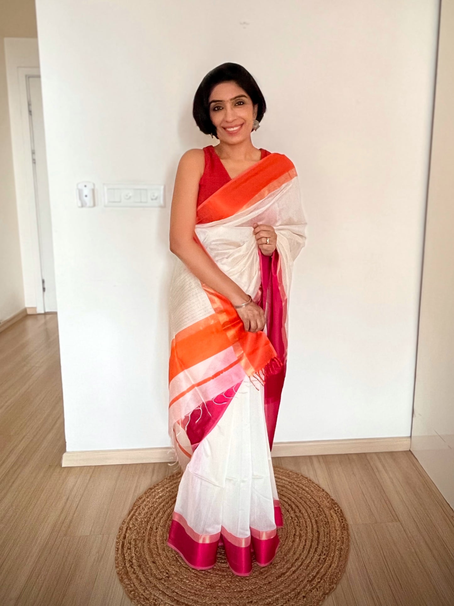 White Maheshwari Saree with Ganga Jamuna Resham Borders
