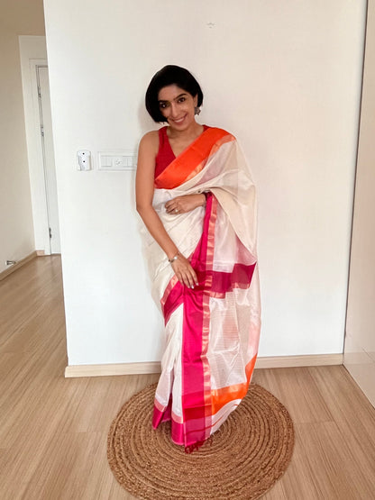 White Maheshwari Saree with Ganga Jamuna Resham Borders