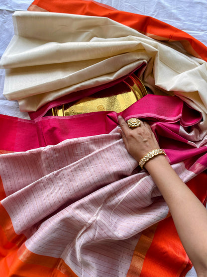 White Maheshwari Saree with Ganga Jamuna Resham Borders