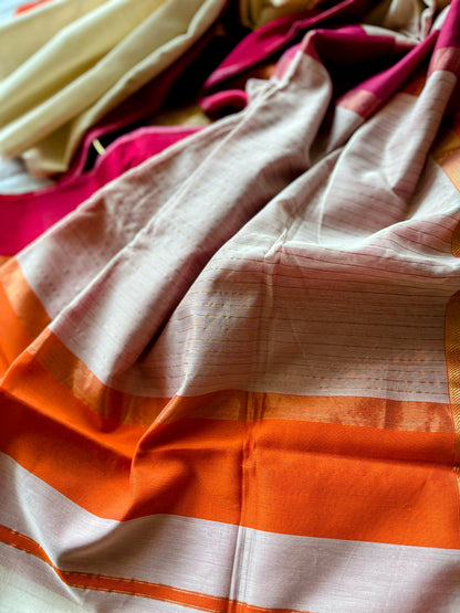 White Maheshwari Saree with Ganga Jamuna Resham Borders