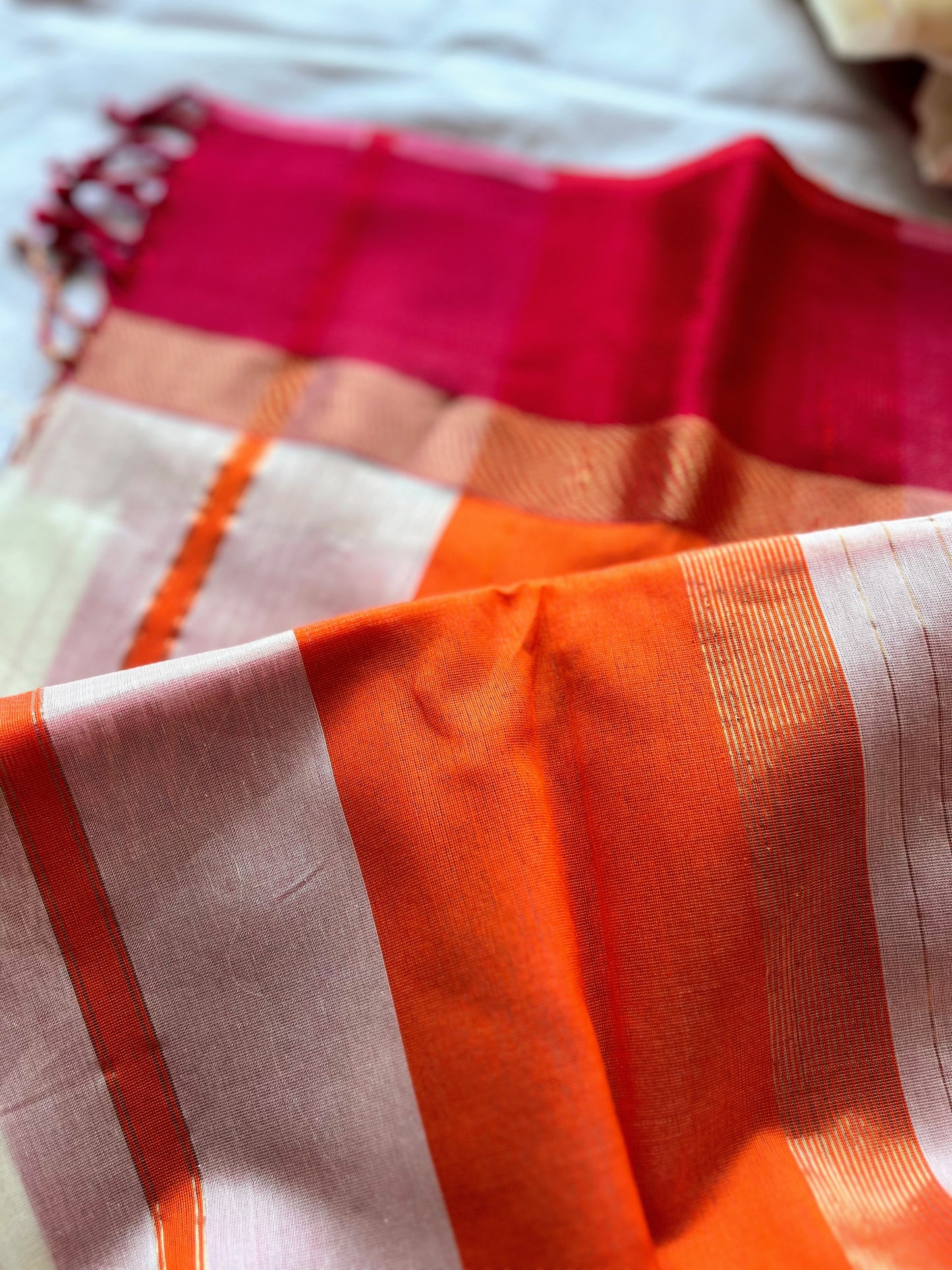 White Maheshwari Saree with Ganga Jamuna Resham Borders