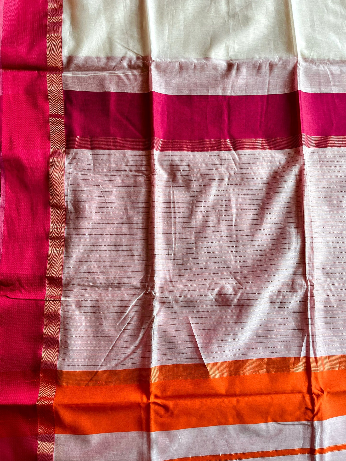 White Maheshwari Saree with Ganga Jamuna Resham Borders