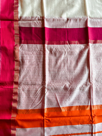 White Maheshwari Saree with Ganga Jamuna Resham Borders